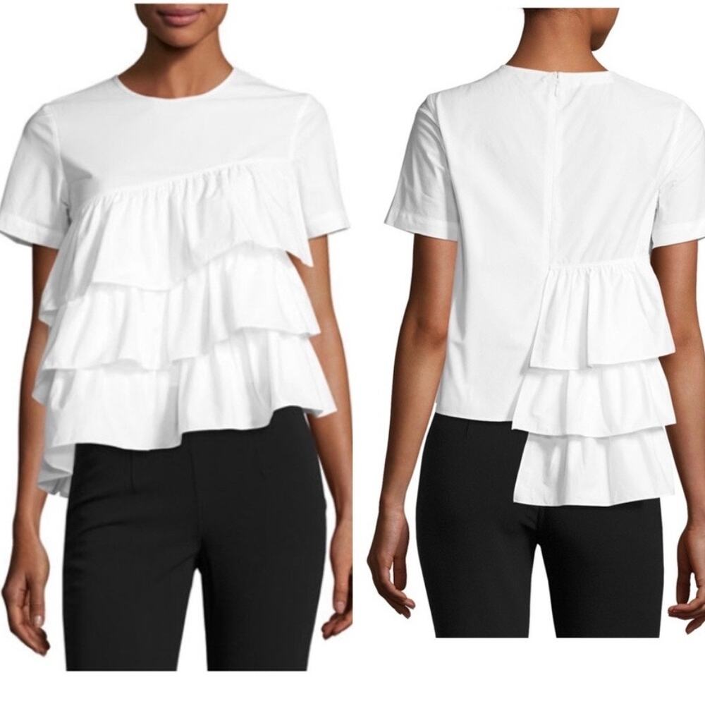 Co Collection White Cotton Asymmetrical Ruffled Short Sleeve Top - size Small